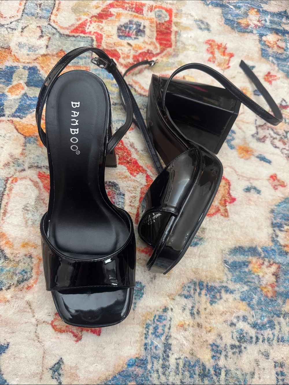 Black Open Toe Patent Leather Block Heel SZ 6